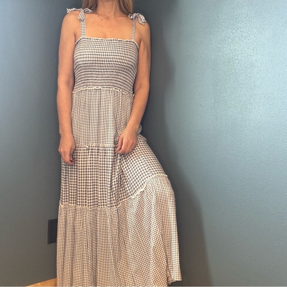 Blue Gingham Checkered Prairie Maxi Dress size Medium